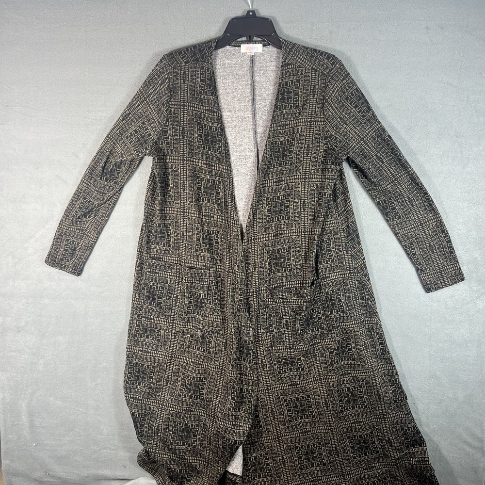 LuLaRoe Women's Medium Black Beige Geometric Pattern Open Duster Cardigan